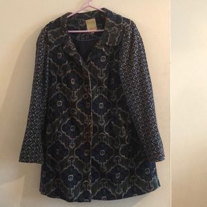 Anthropologie blue velvet ikat swing coat/jacket